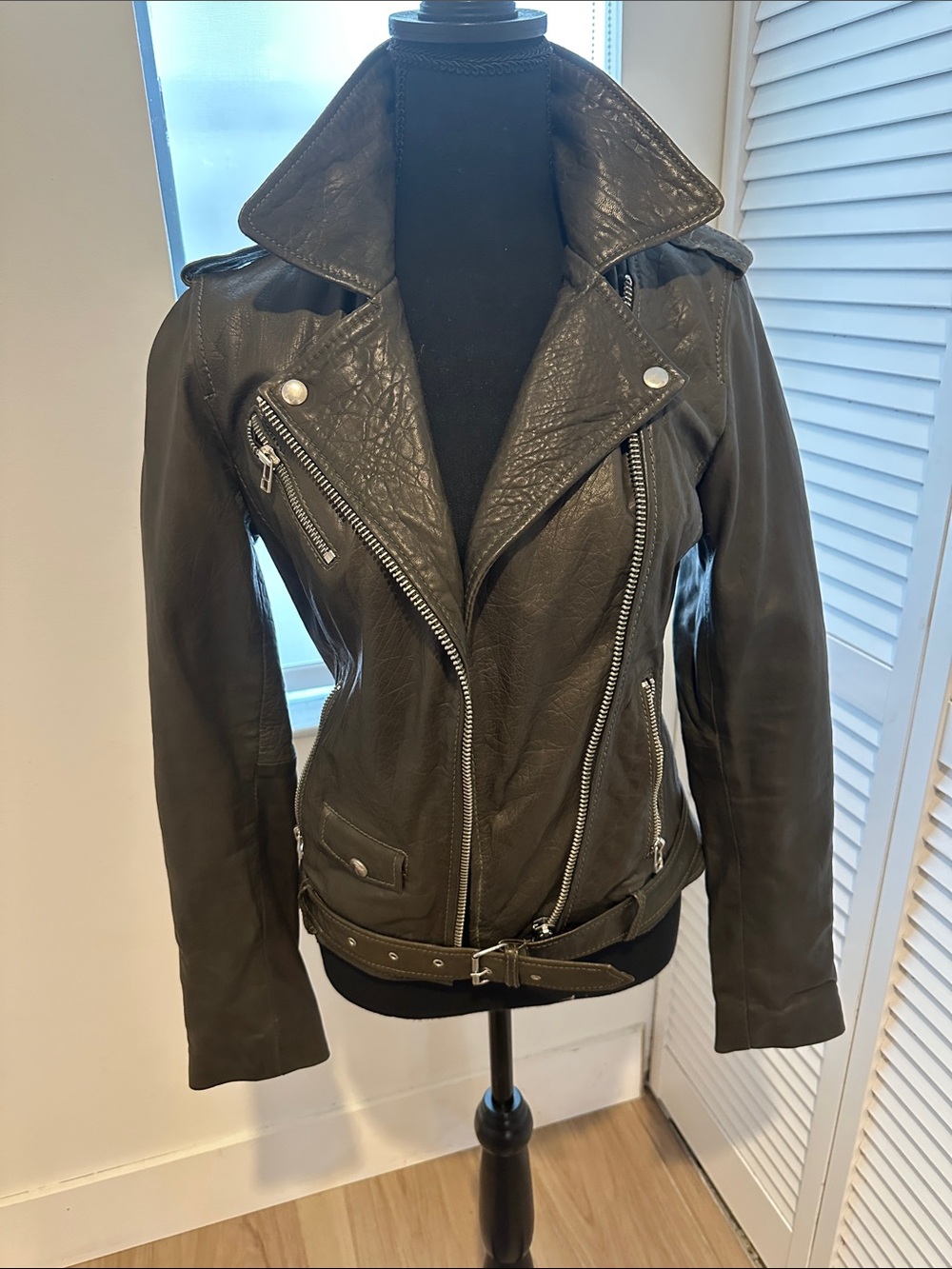 Women's Black Leather Asymmetrical Moto Jacket with Belt